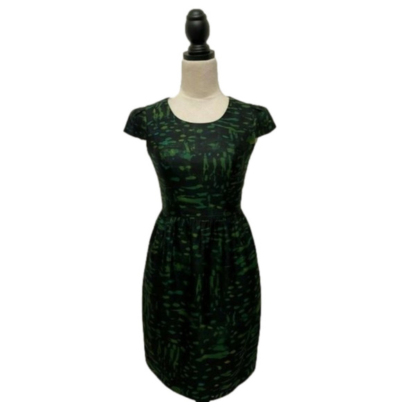 Shoshanna Fit N Flare Silk Blend Green And Black Abstract Dress Size 2 - Picture 2 of 8